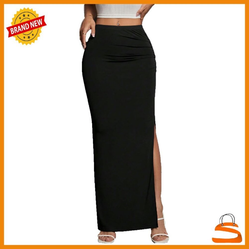 Maxi Skirt High Waist Ruched Side Slit Bodycon Pencil Skirt